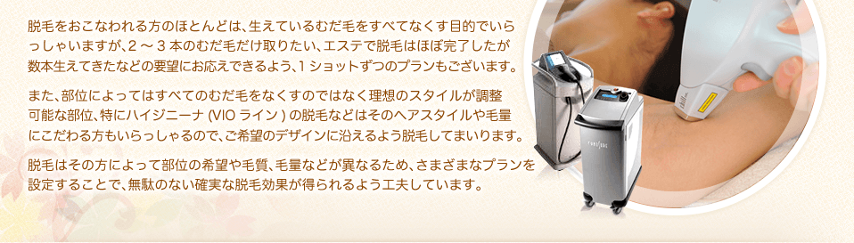 脱毛をおこなわれる方のほとんどは、生えているむだ毛をすべてなくす目的でいらっしゃいますが、2～3本のむだ毛だけ取りたい、エステで脱毛はほぼ完了したが数本生えてきたなどの要望にお応えできるよう、1ショットずつのプランもございます。また、部位によってはすべてのむだ毛をなくすのではなく理想のスタイルが調整可能な部位、特にハイジニーナ(VIOライン)の脱毛などはそのヘアスタイルや毛量にこだわる方もいらっしゃるので、ご希望のデザインに沿えるよう脱毛してまいります。脱毛はその方によって部位の希望や毛質、毛量などが異なるため、さまざまなプランを設定することで、無駄のない確実な脱毛効果が得られるよう工夫しています。